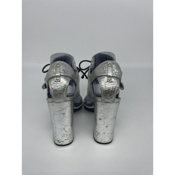 Proenza Schouler Sandals Silver Metallic Woven Leather Size 36 Open Toe Heels - Picture 5 of 6